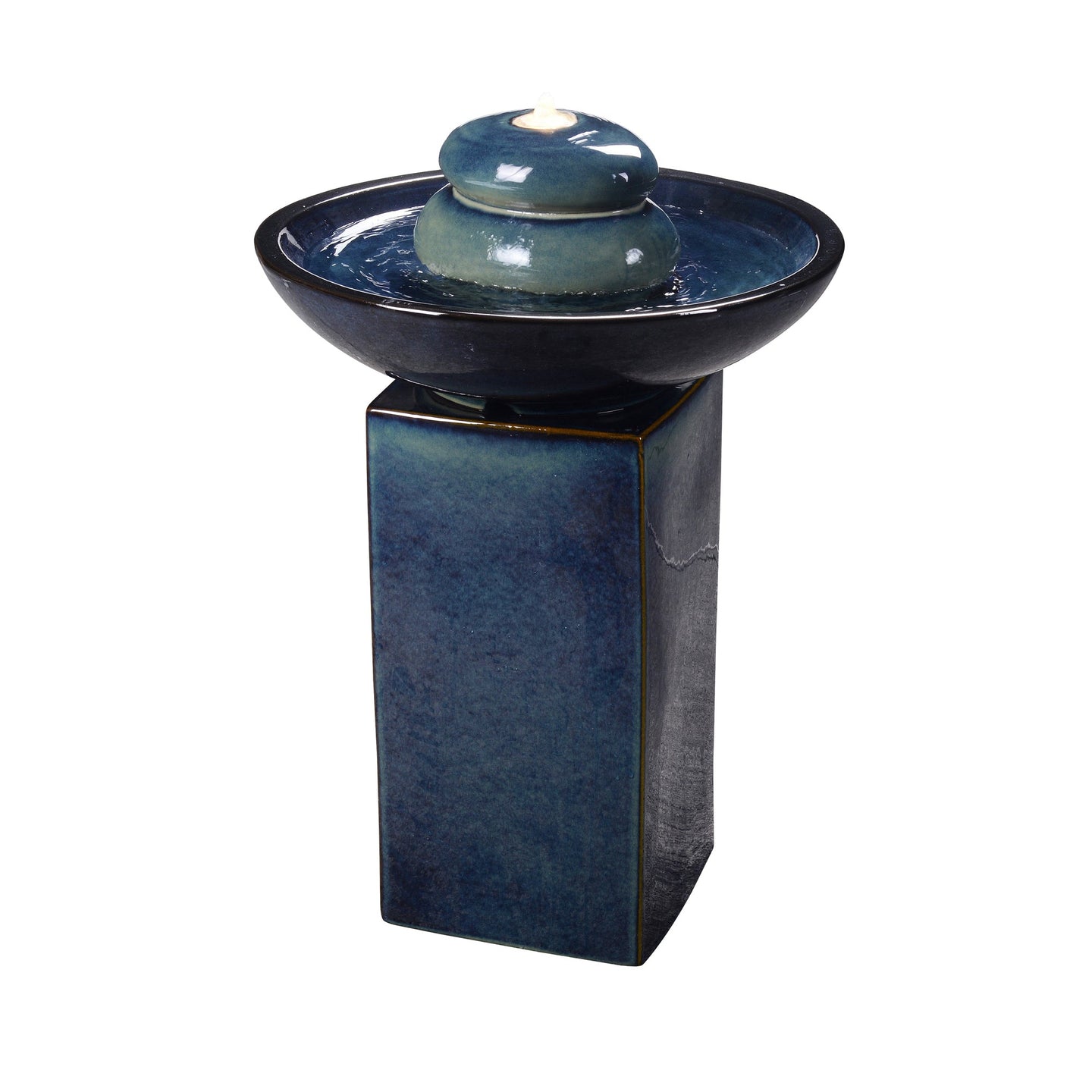 Blue Ceramic Fountain with Submersible Pump and Warm White LED Lights