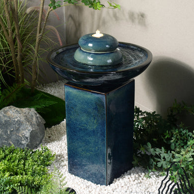 79586-02-BB -  Blue Ceramic Fountain with Submersible Pump and Warm White LED Lights HI-LINE GIFT