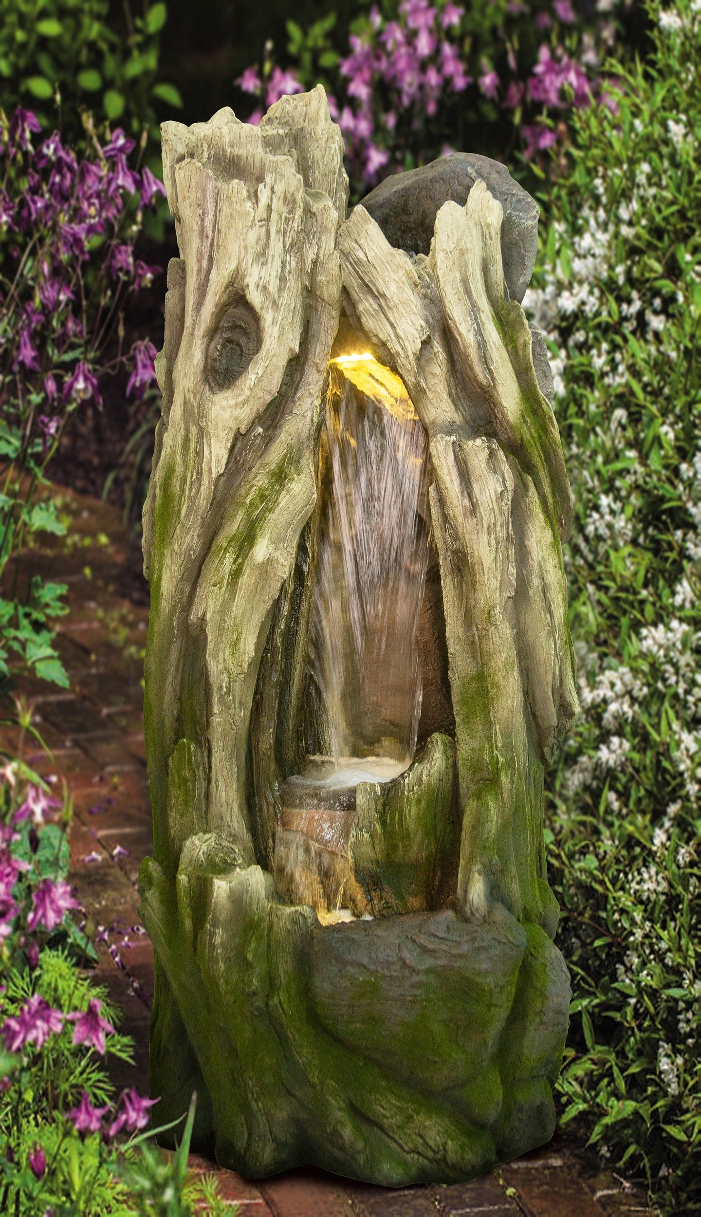 Tree Trunk Outdoor Fountain with Warm White LED Lights