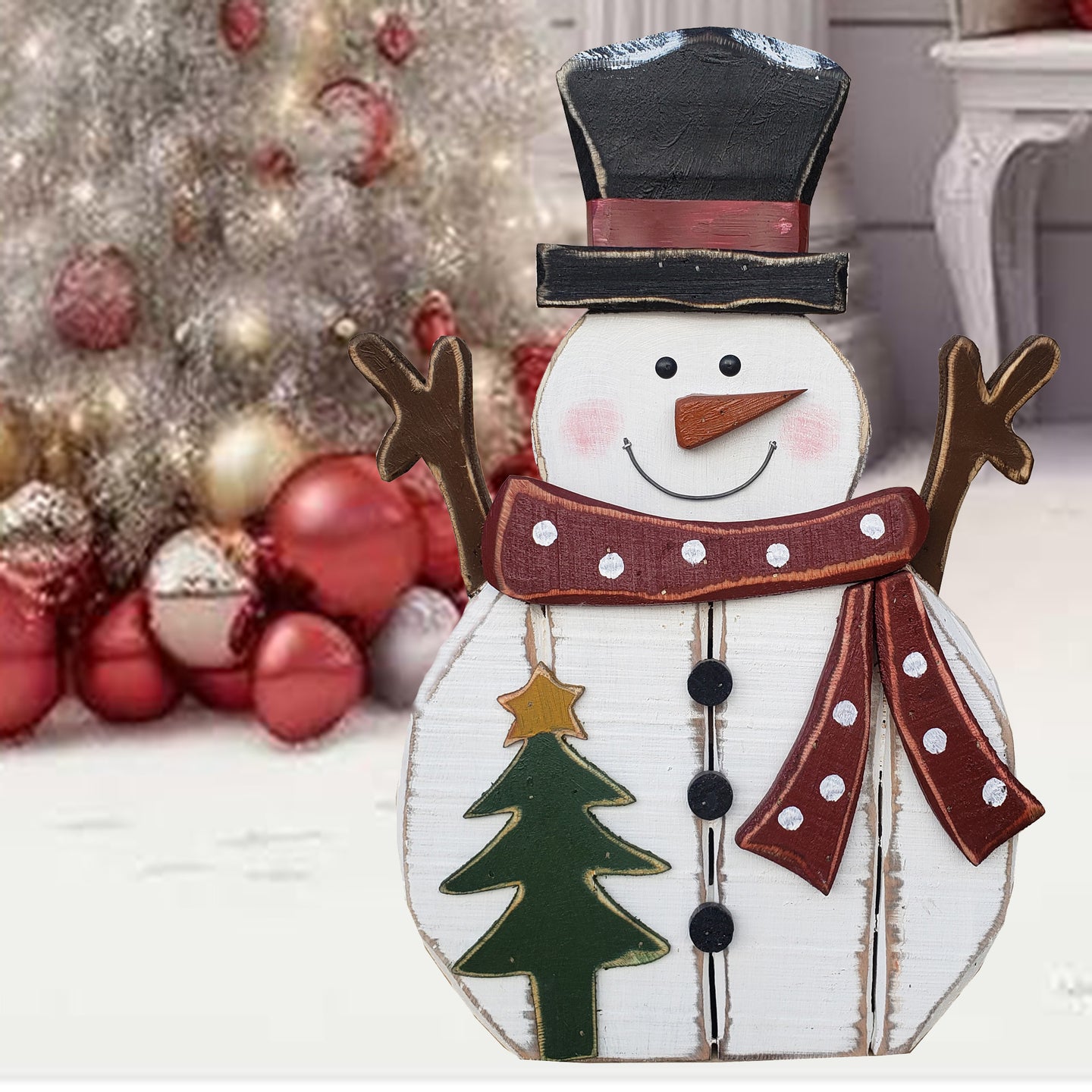 85255-H - 21.5in Wooden Snowman with Tree Christmas Decor Indoor Outdoor Use