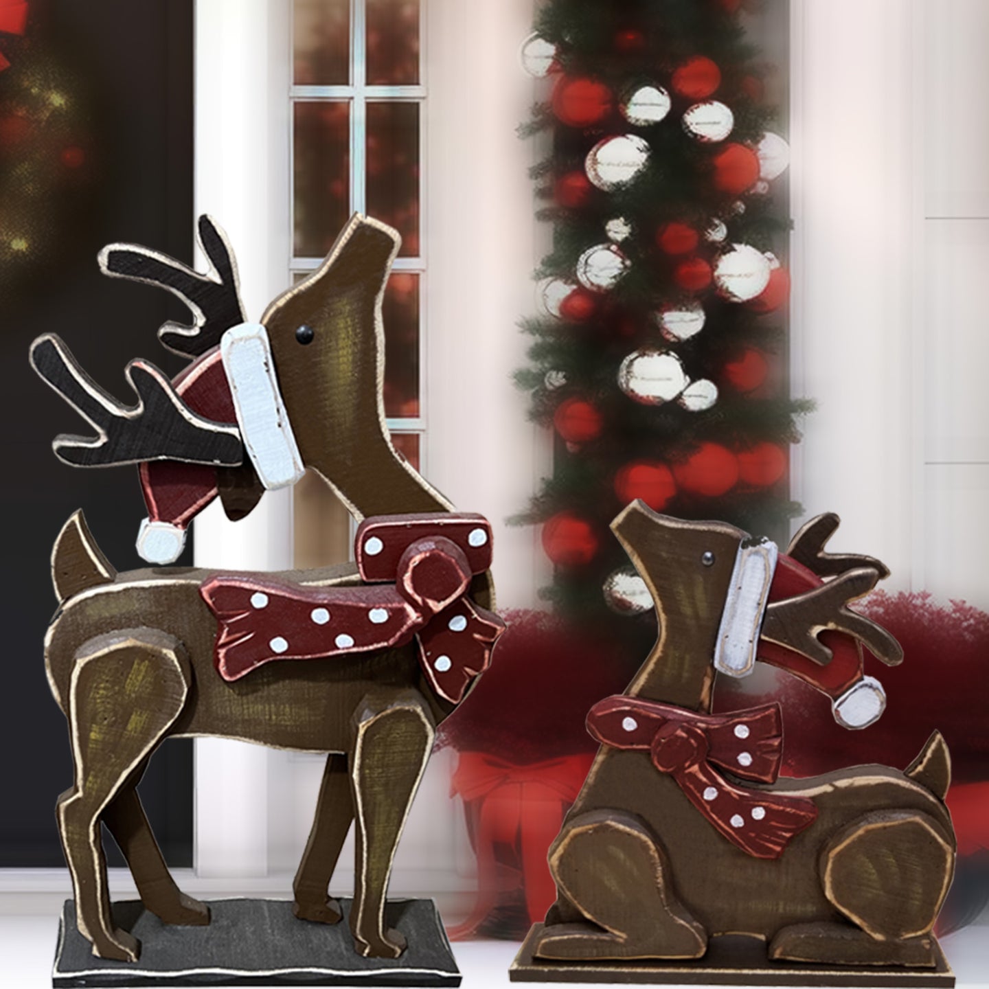 85255-I - 2 Piece Wooden Reindeer Christmas Decor Set Indoor Outdoor Use