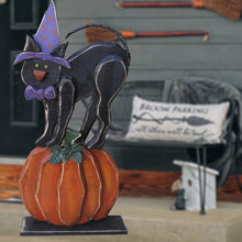 Load image into Gallery viewer, 85259-A - 30in Wooden Black Cat on Pumpkin Halloween Decor Indoor Outdoor Use
