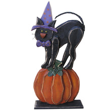 Load image into Gallery viewer, 30in Wooden Black Cat on Pumpkin Halloween Decor Indoor Outdoor Use

