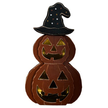 Load image into Gallery viewer, 25in Wooden Lighted Jack O Lantern with Hat and Timer Battery Operated Halloween Decor
