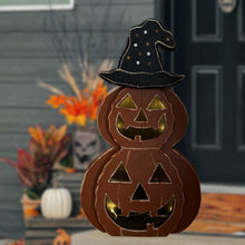 Load image into Gallery viewer, 25in Wooden Lighted Jack O Lantern with Hat and Timer Battery Operated Halloween Decor
