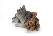 Load image into Gallery viewer, Grey Wolf Cubs Hiding Under Log Statue
