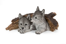 Load image into Gallery viewer, Grey Wolf Cubs Hiding Under Log Statue

