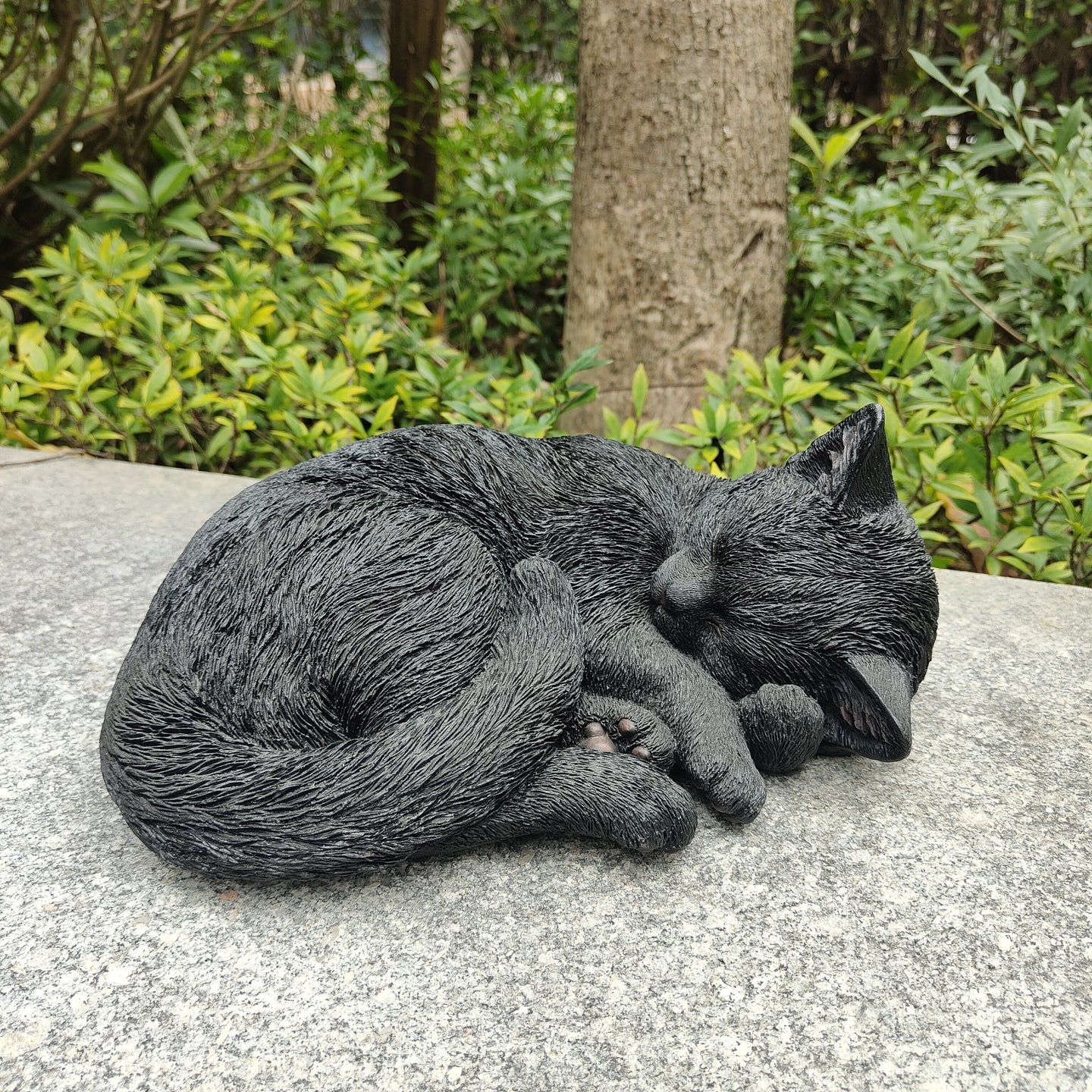 87728-E - Nocturnal Elegance: Black Polyresin Sleeping Cat Figurine