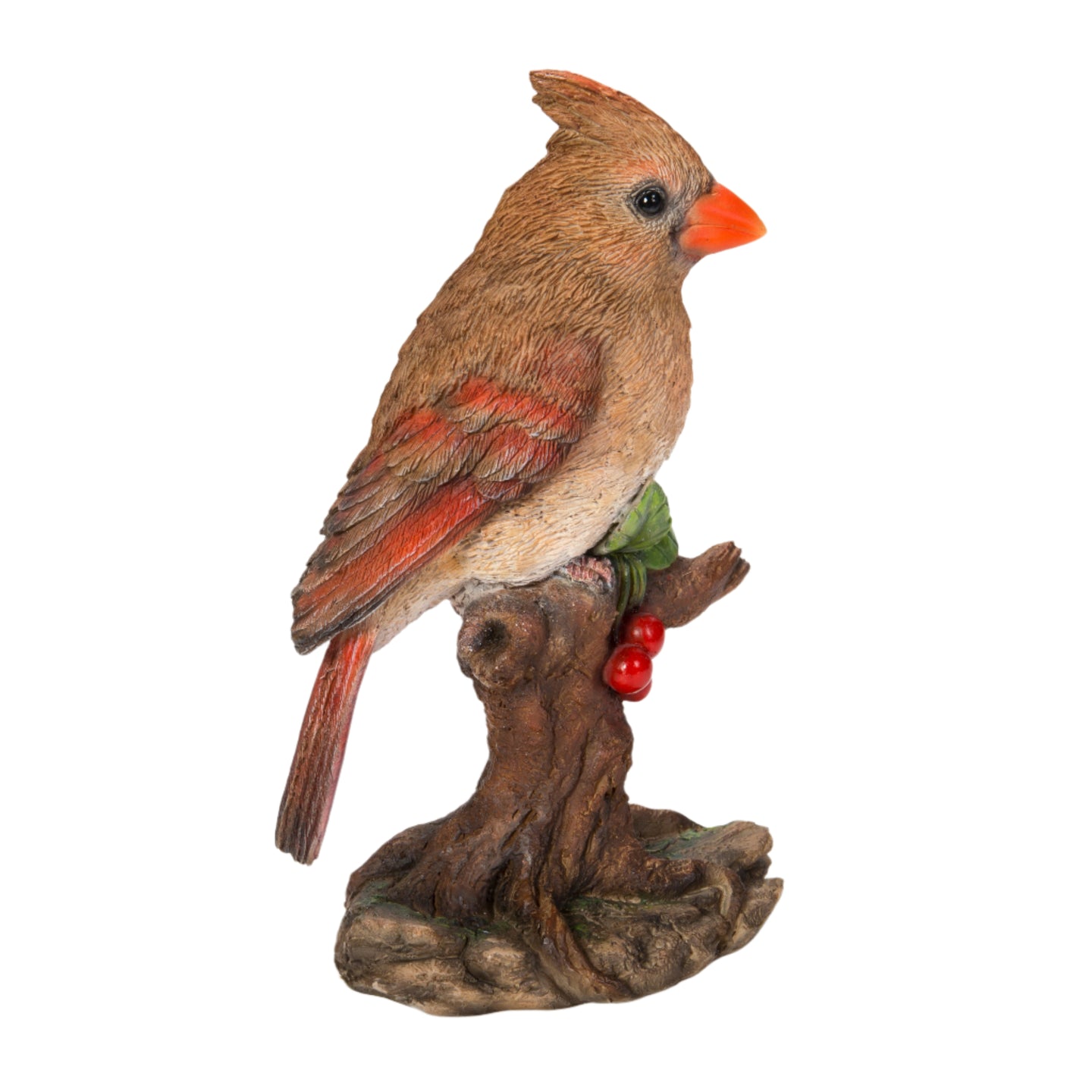 Female Cardinal Resting On Stump Garden Statue