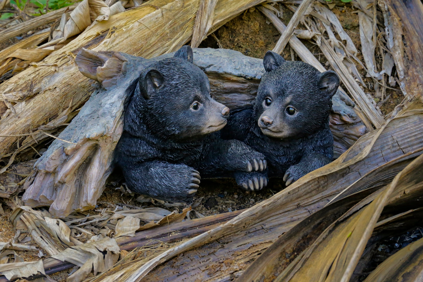87957-E - Black Bear Cubs Hiding Under Log Statue