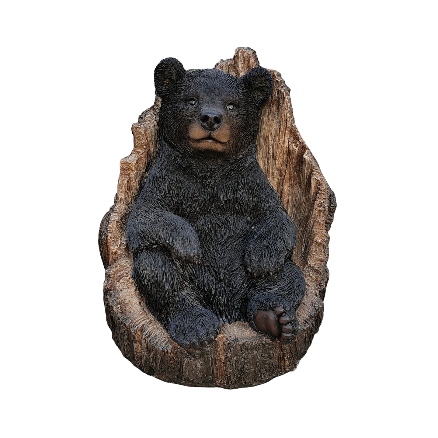 Lone Cub Haven: Intriguing Black Polyresin Bear in Stump Figurine