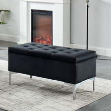 Load image into Gallery viewer, Black Velvet Button-Tufted Storage Bench with Metal Legs
