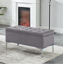 Load image into Gallery viewer, Grey Velvet Button-Tufted Storage Bench with Metal Legs
