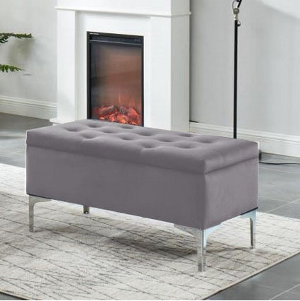 Grey Velvet Button-Tufted Storage Bench with Metal Legs