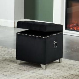 Black Velvet Button-Tufted Storage Ottoman with Nailhead Trim, Pull Ring, And Metal Legs