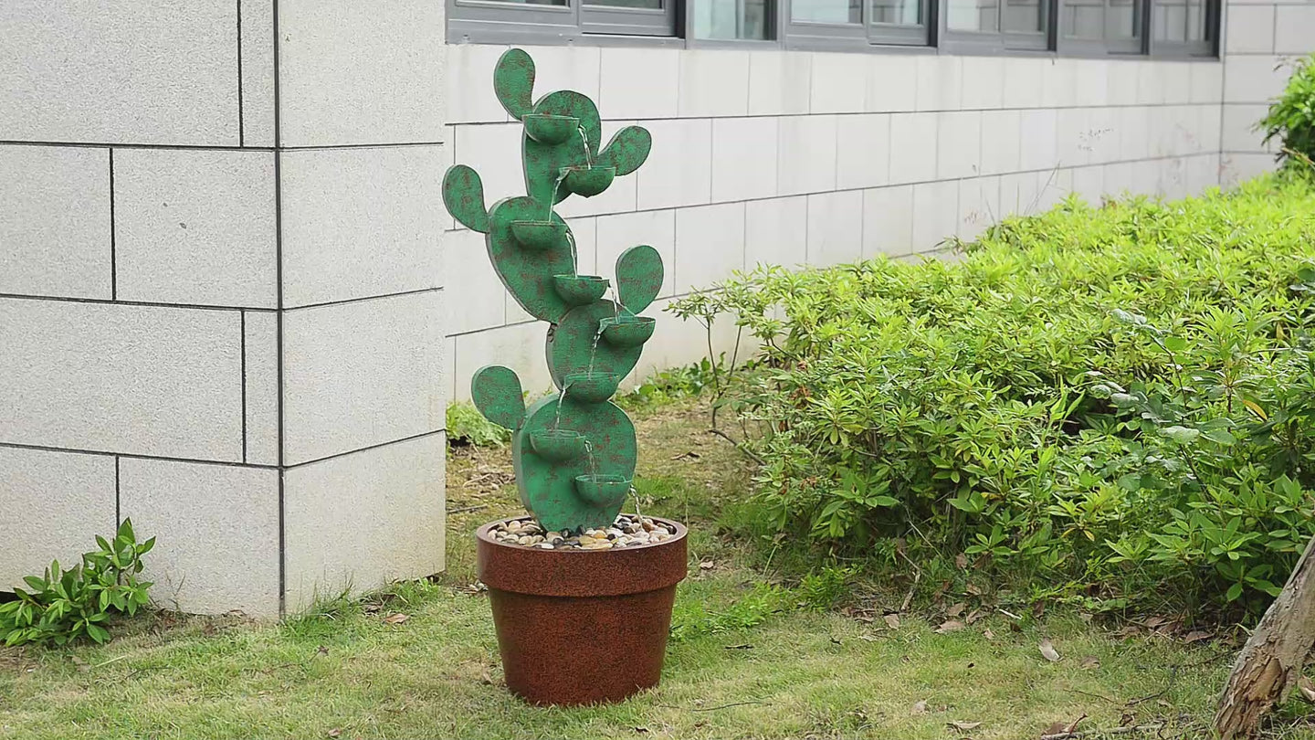 Metal Cactus Fountain with River Stones - Outdoor