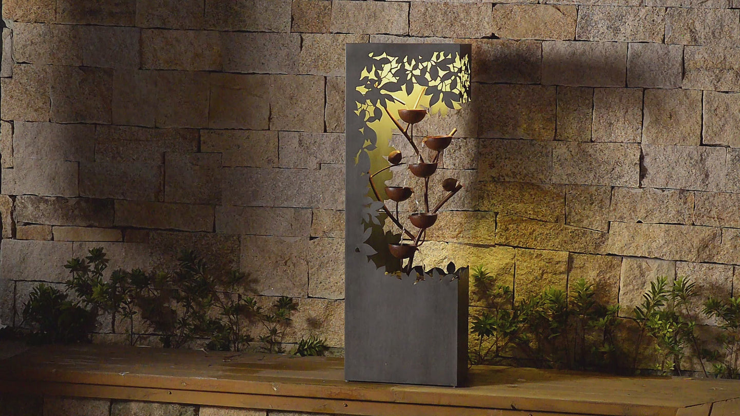 Gray Metal Flower Bowl Outdoor Fountain with Warm White LED Lighting - Outdoor