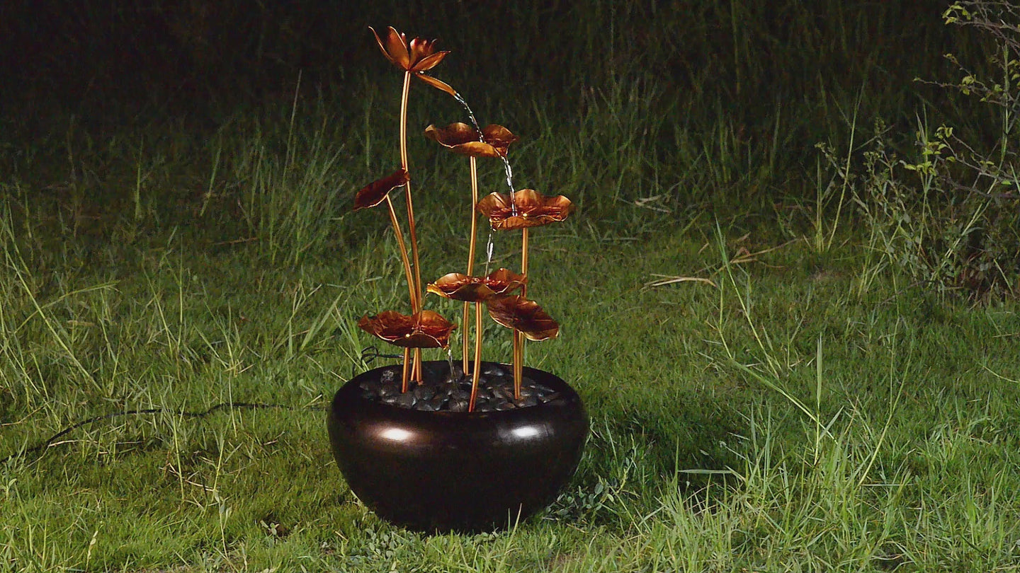 Galvanized Metal Fountain with 4 LED Lights and River Stones - Outdoor