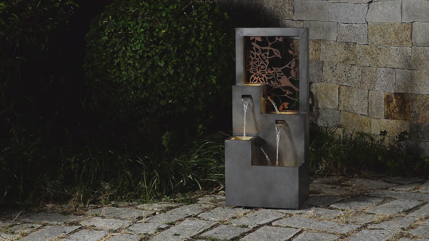Metal Water Fountain with Bird Design and LED Lights - Outdoor
