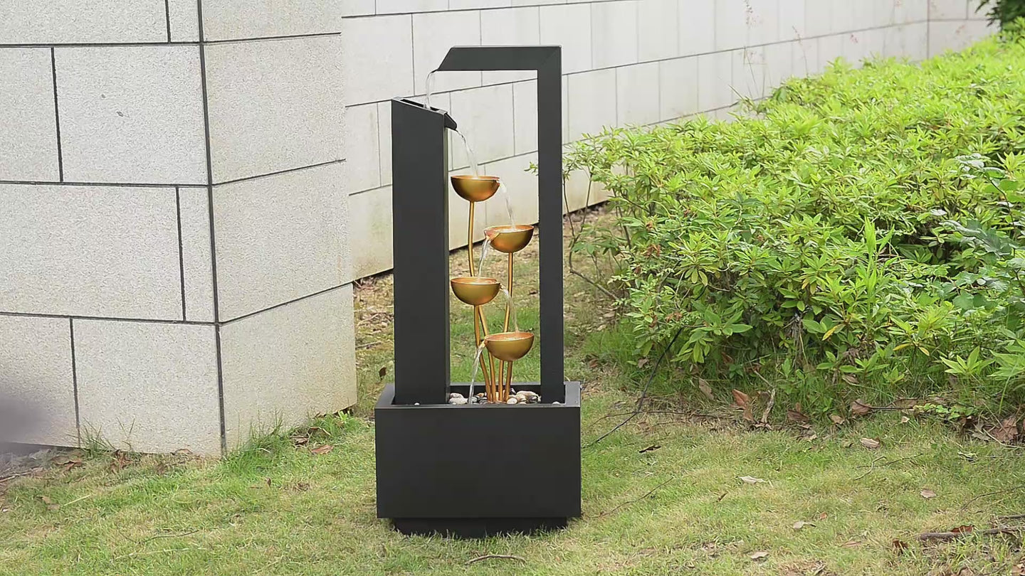 Steel Cups Water Fountain in Matte Black & Gold - Outdoor