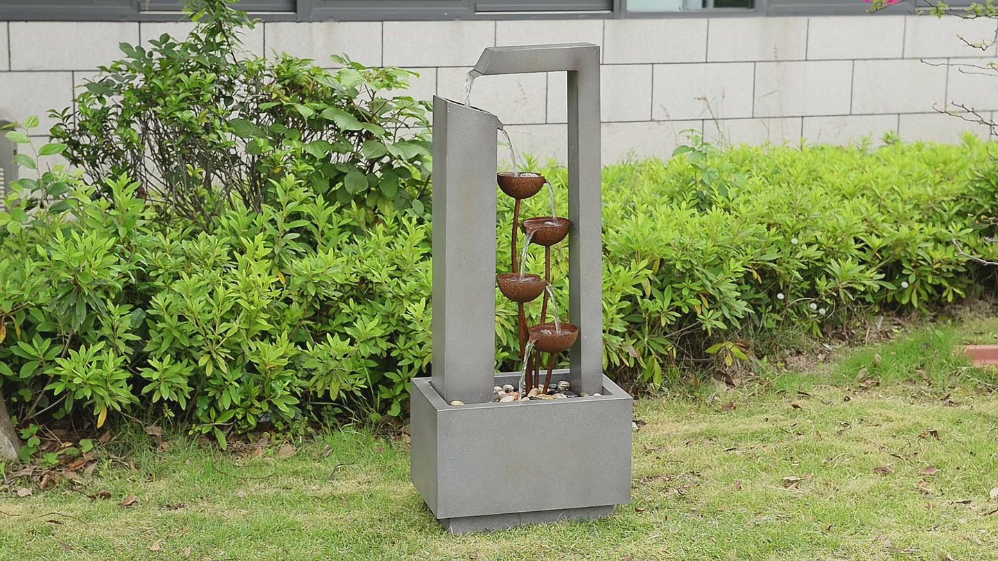 Steel Cups Fountain with Pump and River Stones - Outdoor