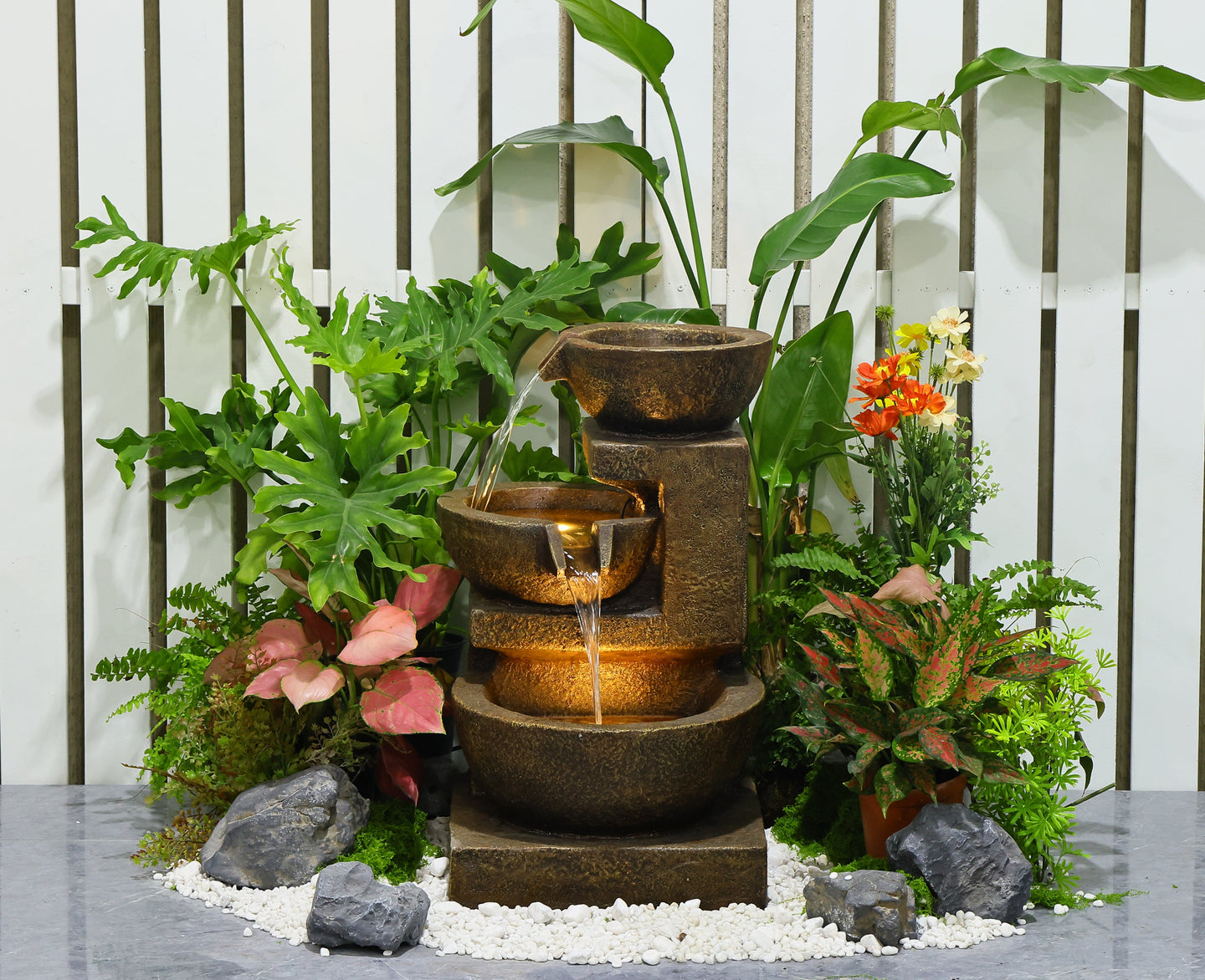 Cascading Bowl Fountain with Dual Warm White LEDs - Brown