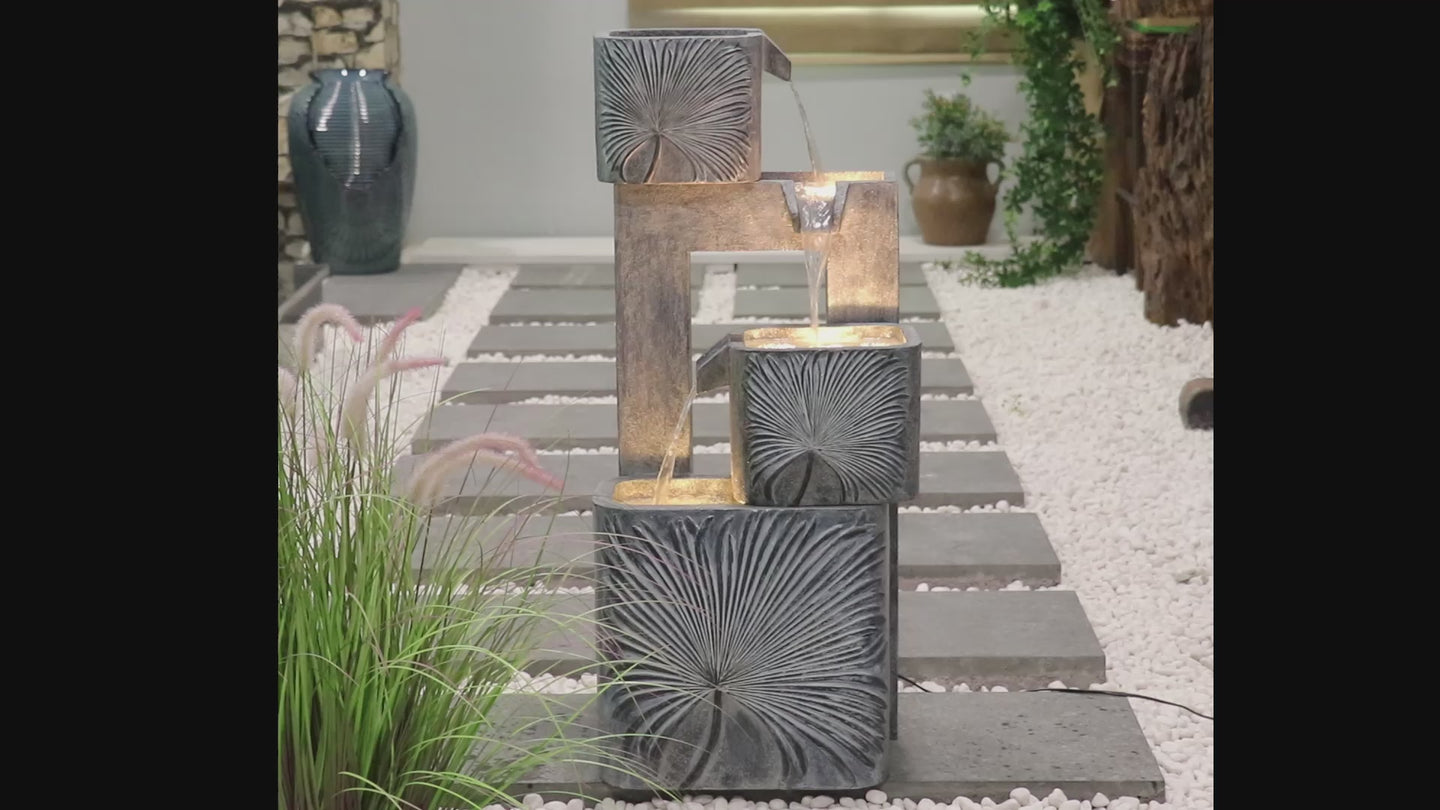 3 Tiers Square Modern Cascading Water Fountain Outdoor with Warm White LEDS