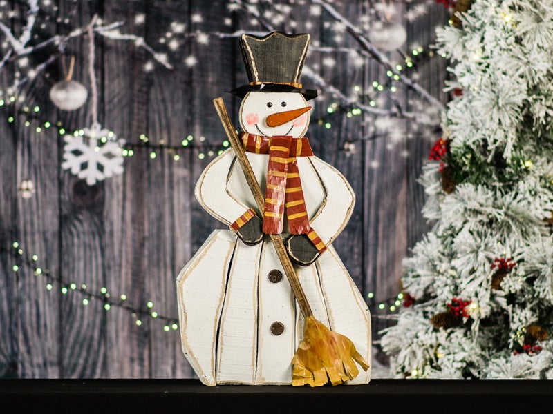 85255-A - Wooden Snowman With Broom 31.5 Inch H In/Outdoor