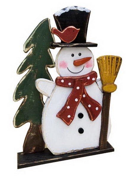 85255-F - Wooden Snowman W/Broom & Tree 25 Inch H In/Outdoor